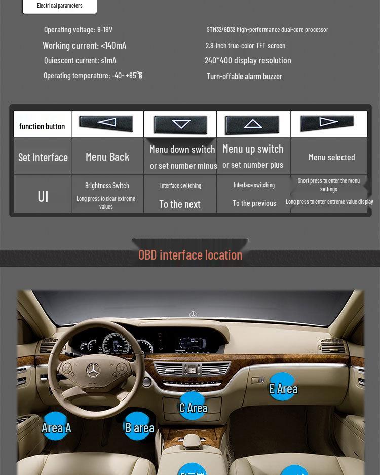 LUFI X1 Car Multifunctional OBD Gauge: Air-Fuel Ratio, RPM, Oil/Exhaust Temp, Voltage, Water Temp, Turbo Pressure.