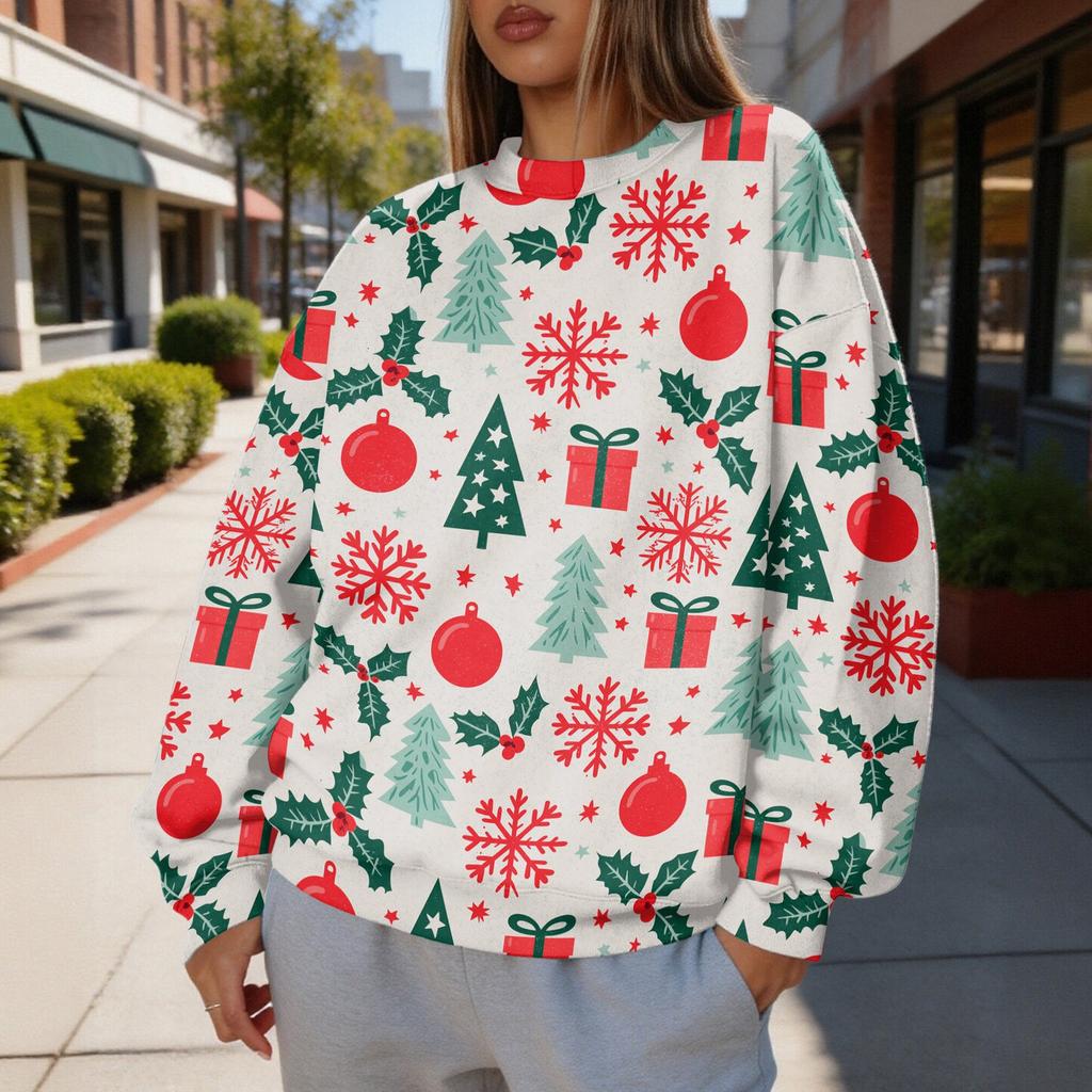 Women's Trendy Christmas Graphic Crewneck Sweatshirt Lightweight Casual Pullover Top for Holiday