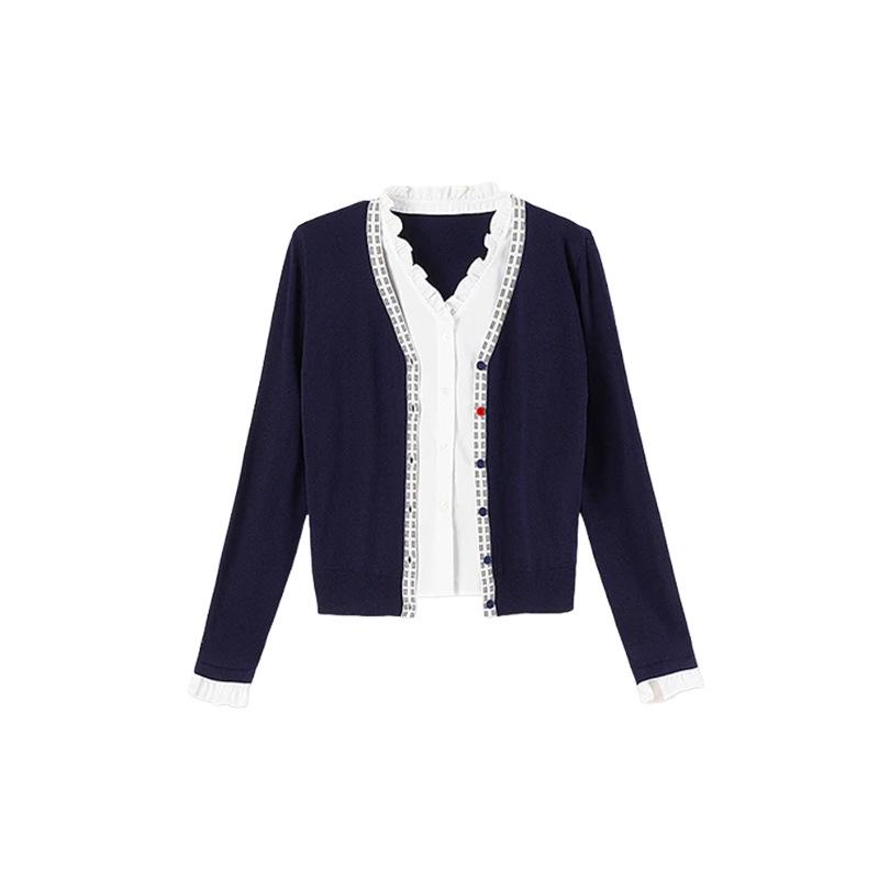 Luxury Knit Cardigan with Wood Ear Trim: Two-Piece Layered Women's Sweater for Autumn/Winter 2025