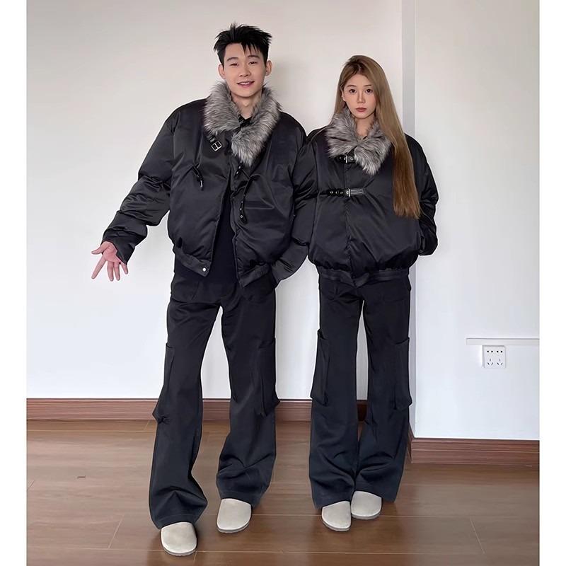 

Men s American-Style Fur Collar Winter Jacket - Golden Eagle Design, Thickened, Deconstructed Short Coat. M чорний