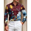 Men's Blue and Yellow Flower Printed Long Sleeve Shirt with Flip Collar Flower Shirt, Vacation Casual Trendy Men's Top