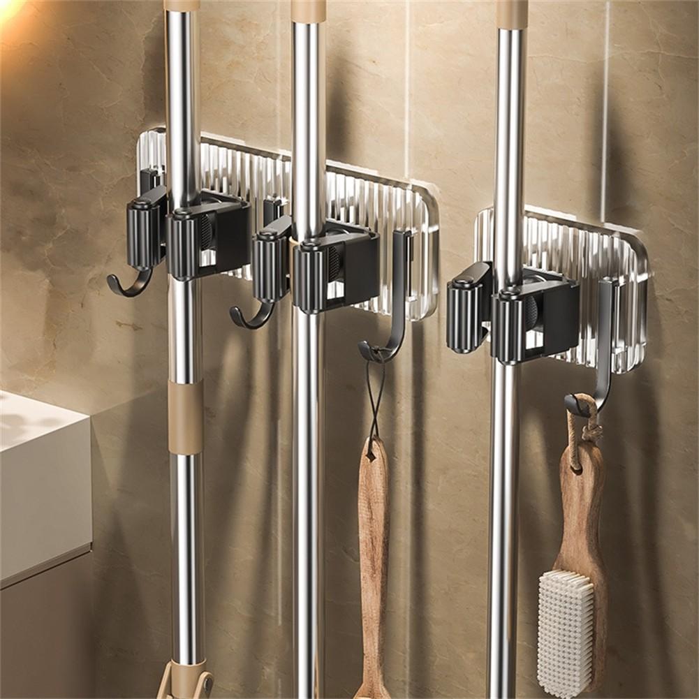 Wall Mounted Broom Organizer with Hooks for Efficient Storage Solutions