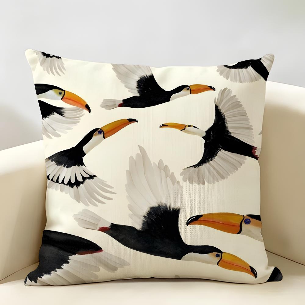 Black Toucan Pattern Art Cushion Cover Durable Hypoallergenic Organic Linen Short Pillow Cover Washable