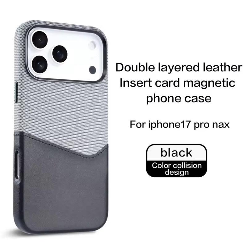 For iPhone 17 Pro Max Air Leather and Fabric Splicing Texture Card Insertion Magnetic Phone Case for iPhone 16 15 14 Plus 13 12