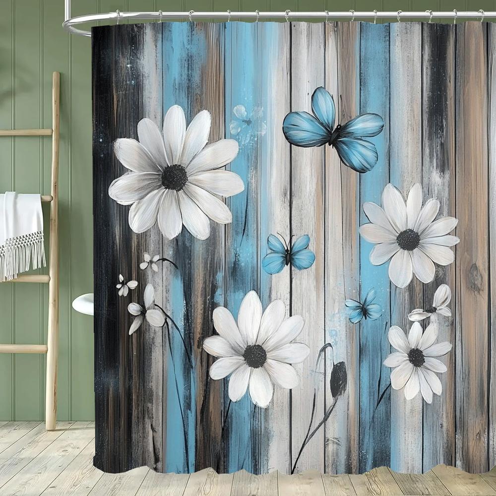 Blue Butterfly Floral Shower Curtain, Bathroom Decorative Shower Curtain, Printed Polyester Fabric Shower Curtain with Hooks