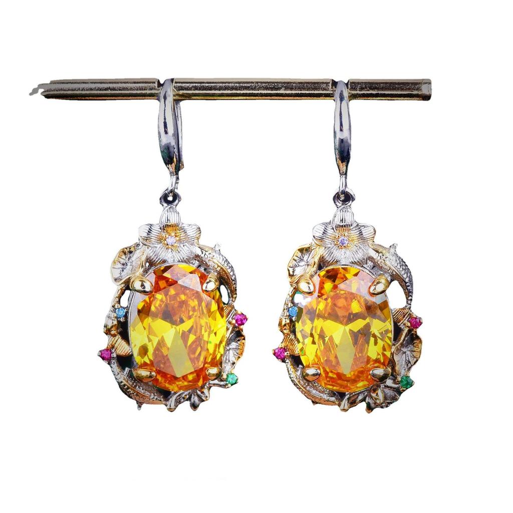 Italian Vintage Pisces Lotus Gem Set: Yellow Diamond Pendant Earrings & Adjustable Ring
