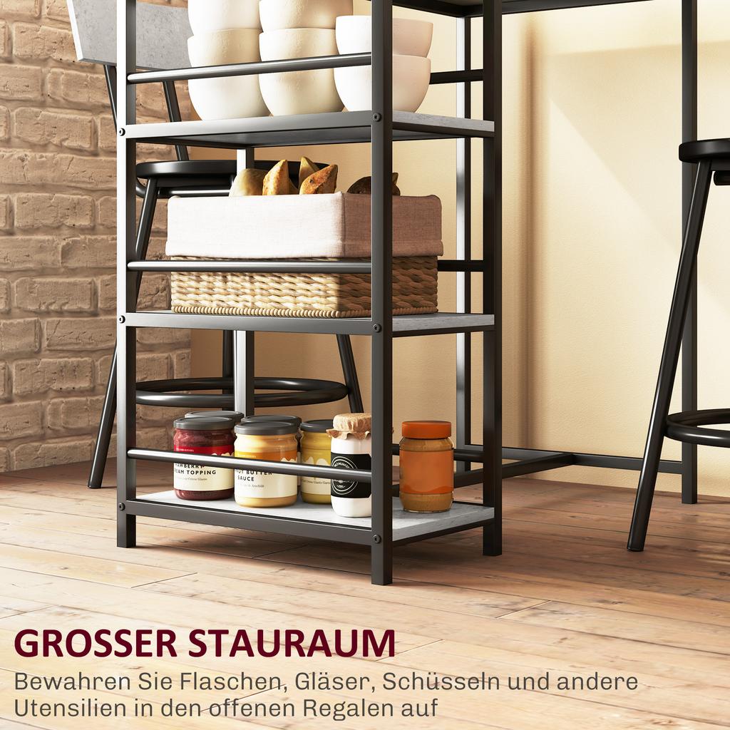 3-Piece Dining Set with Bar Table and 2 Chairs, Small Kitchen Set with Side Shelves, MDF, Metal, Black