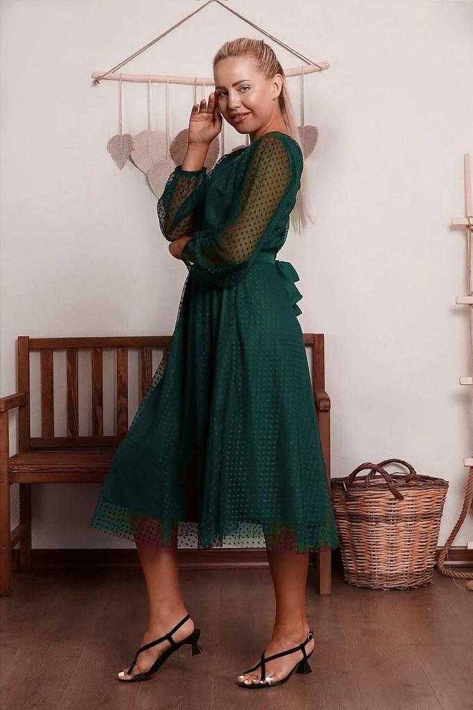 Women's Big Size Dress Green Lined Polka Dot Tulle Plus Size Belted Dress