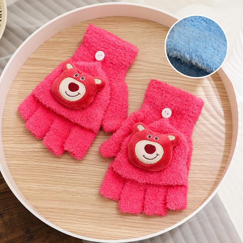 Children's Plush Gloves Winter Male and Female Middle School Students Writing Cold-proof Flip Gloves Cute Warm Five-finger Tide