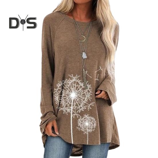 Women's Plus Size Tunic Top Dandelion Print Longline Shirt Crew Neck Long Sleeve Pullover Tee Casual Loose Fit Blouse for Work Daily Life