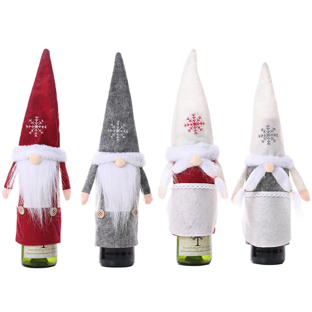 Festive Christmas Wine Bottle Covers Featuring Charming No-face Old Man Design In Red And Gray
