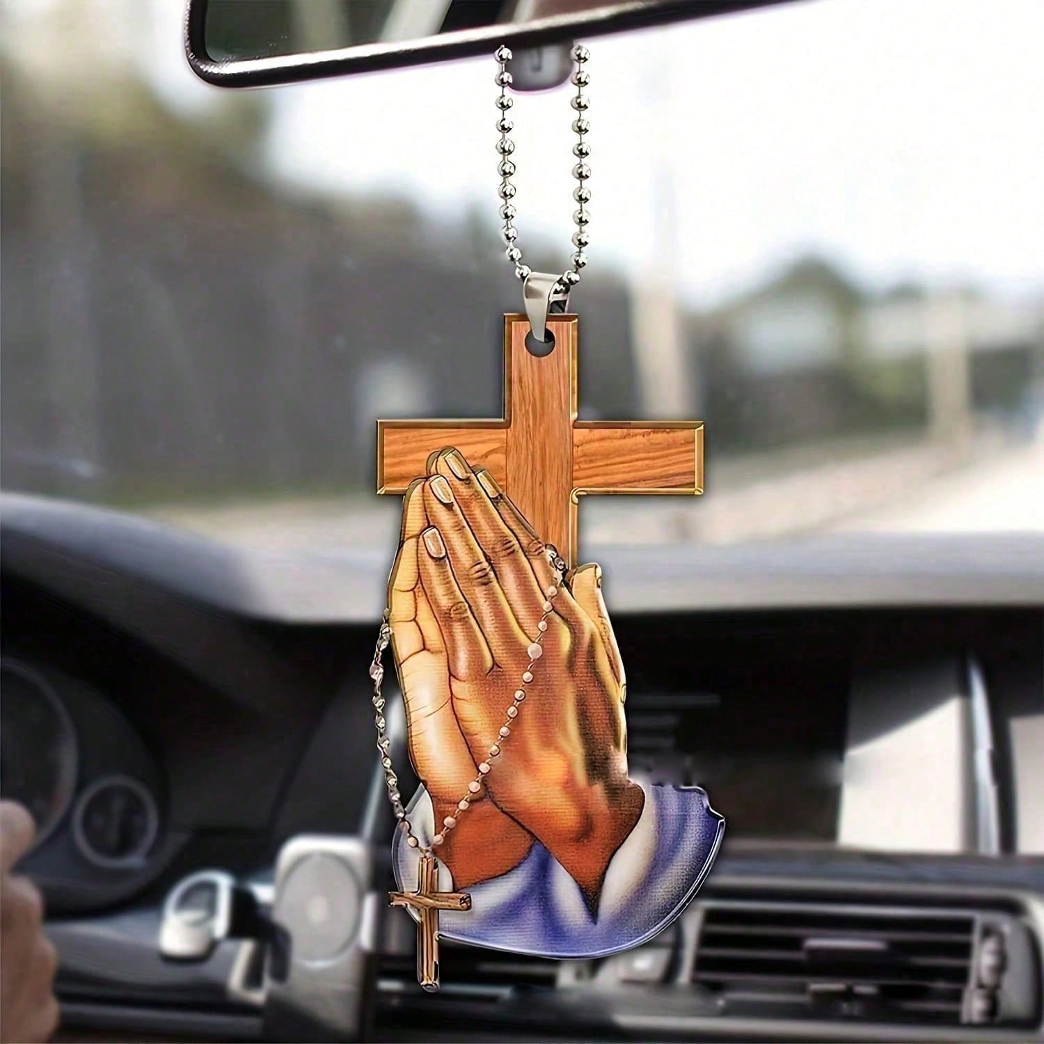 

1-Piece 2D Flat Crystal Prayer Hand&Cross Car Hanging Decoration with Chain, Delicate Talisman for Rearview Mirror&Keychain Gift