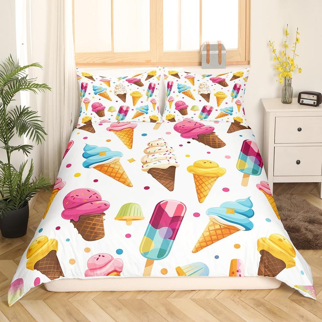 Ice Cream Party Bedding Set,Sweet Dessert Duvet Cover Chocolate Pink White Yellow Comforter Cover Colorful Candy Quilt Cover