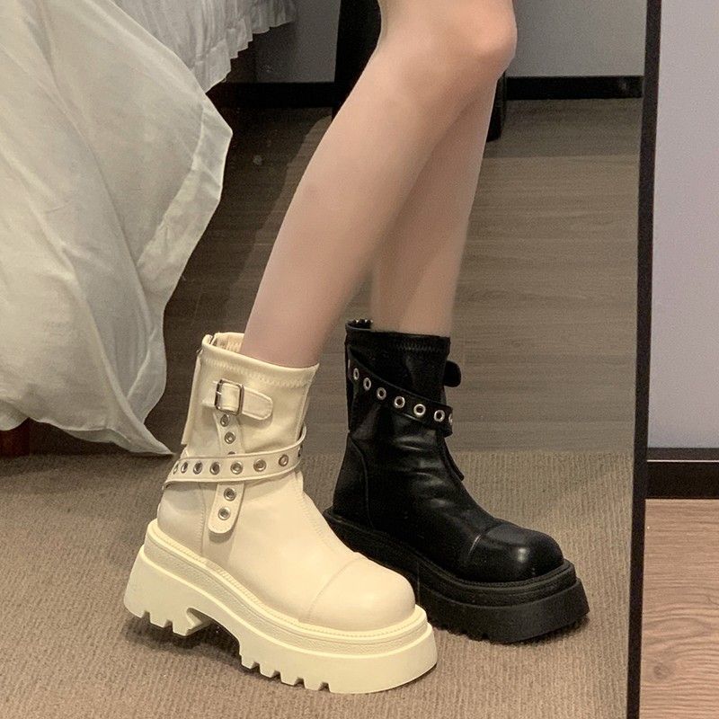 Fashion Thick soled British style black women's 2025 autumn new height increasing versatile retro thin short boots slim boots
