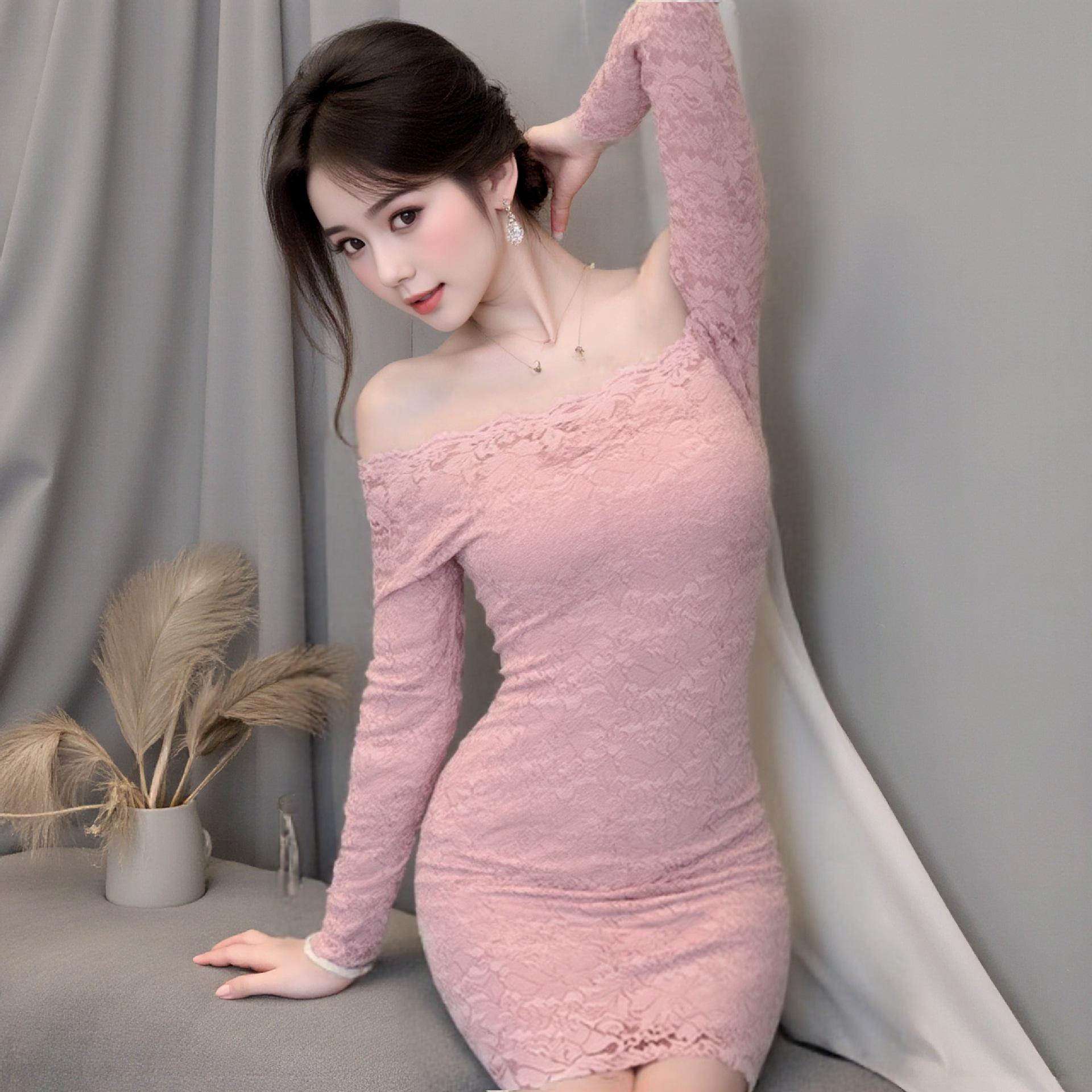 

Fun plus size Spice Girl shows body lace lace dress off shoulder slim fit waist hip skirt L [recommended 120-70kg]