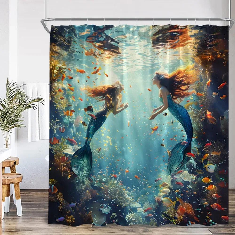 Magical Mermaid & Coral Reef Waterproof Shower Curtain - Enchanting Underwater Fantasy for Dreamy Bathroom Decor