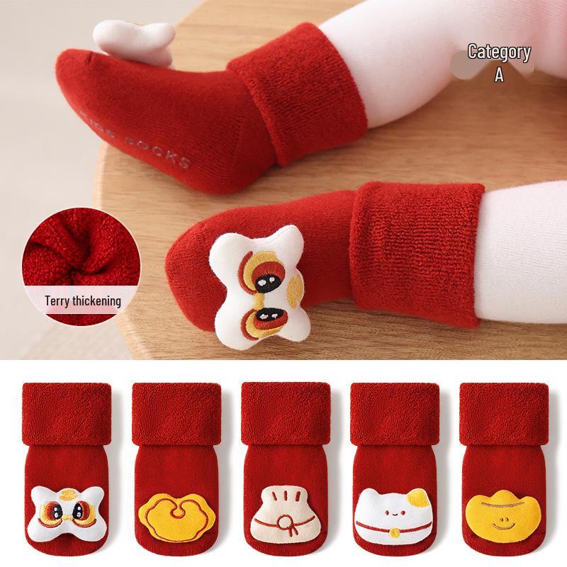 Newborn Non-Slip Red Cotton Socks: Thick & Cozy for Autumn/Winter, Ideal for 100-Day Birthday & New Year Celebrations