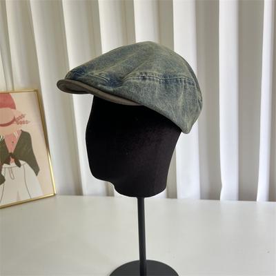 New Retro Denim Forward Hat Women's Summer Versatile Washing Old Big Head Circumference Showing Face Small Beret Hat Big Face