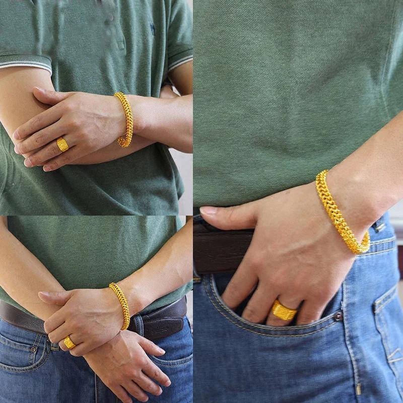 Gold-Plated Brass Flat Curb Chain Bracelet: Vietnam Sand Gold Bangle - Couple Style Imitation Gold Jewelry Gift.