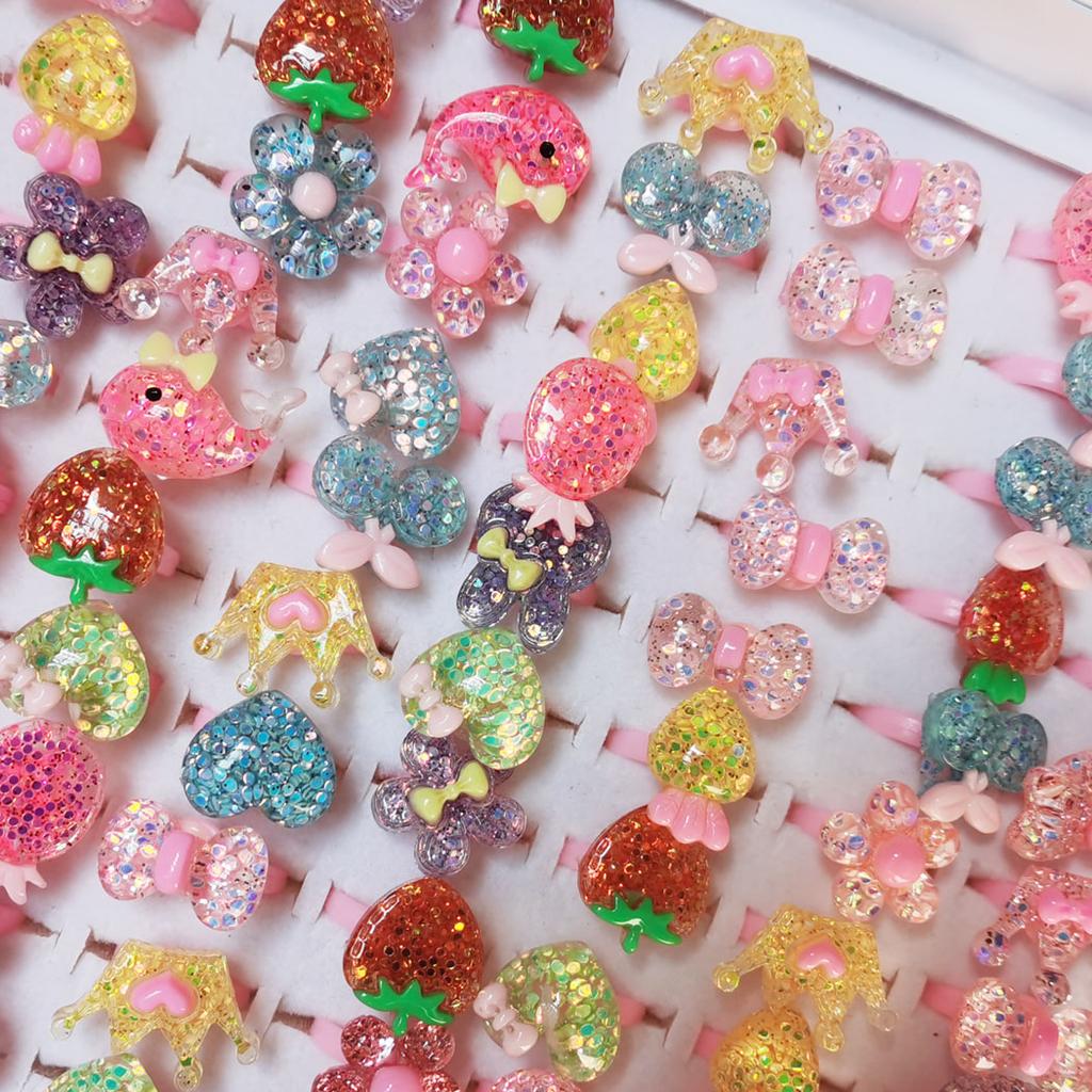10pcs/Lot Cute Children's Cartoon Rings Glitter Flower Fruit Shape Plastic Adjustable Ope Excluding boxes