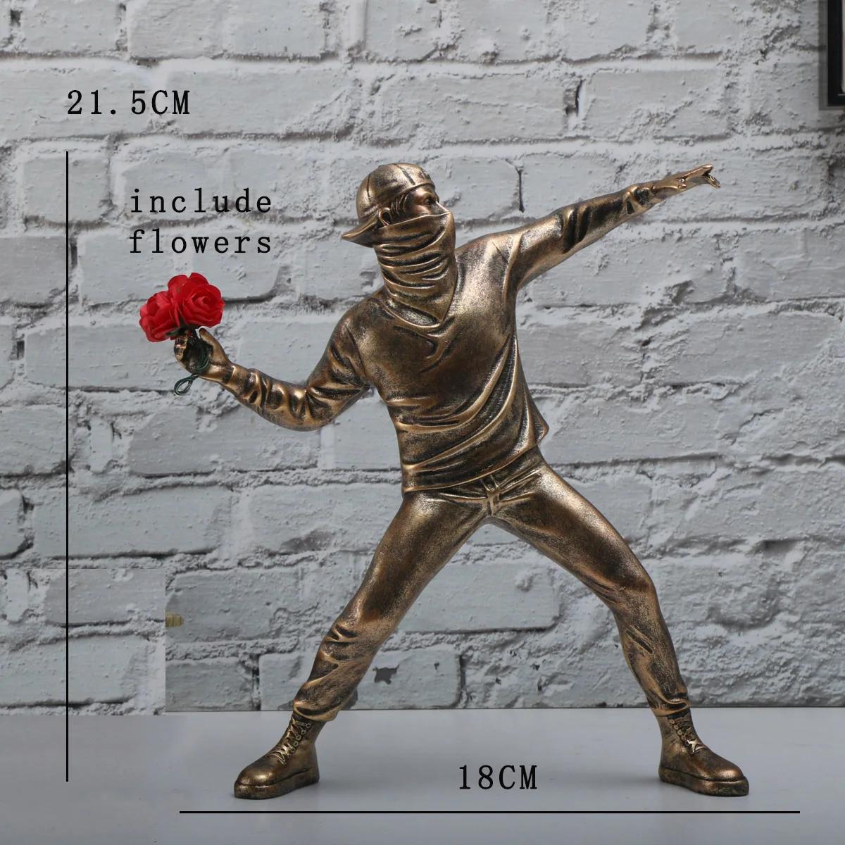 Street Art Flower Thrower Figurine, Resin Tabletop Ornament, Modern Graffiti Sculpture for Home Office Decor Collectible Gift