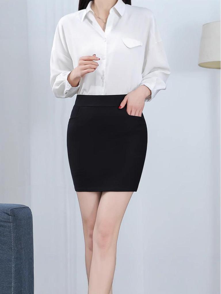 Women's High Waist Elastic Pencil Skirt with Pockets - Black