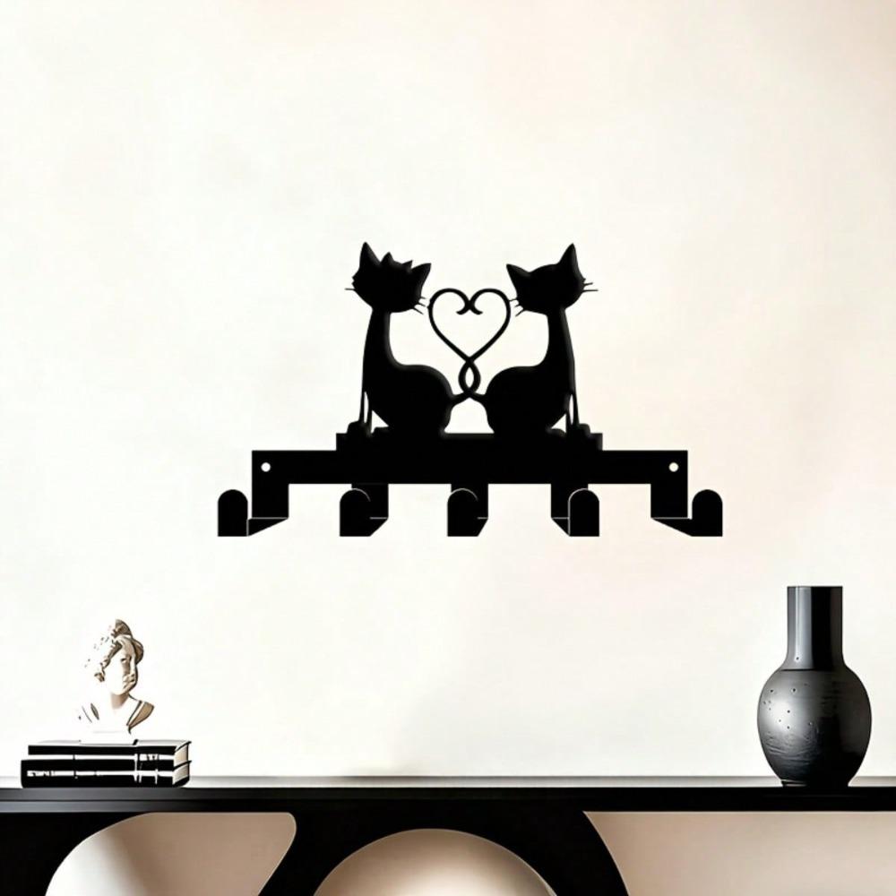Modern Cat Key Holder with Heart Design Metal Wall Art 5 Hooks Pet Lover Gift Valentine Decor