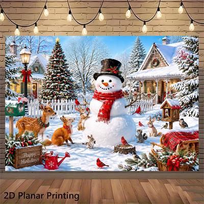 Winter Snowman and Woodland Animals Backdrop, Polyester Holiday Party Banner for Photography and Shop Decor