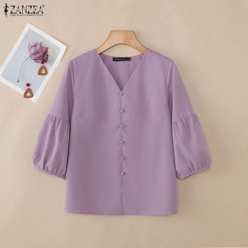 ZANZEA Women Casual V-Neck Solid Color 3/4 Sleeve Loose Blouse