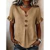 Womens Solid Color Notch V Neck Ruffle Short Sleeve Button Down Casual Blouse