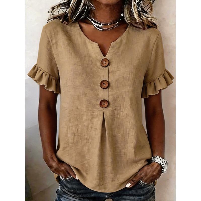 Womens Solid Color Notch V Neck Ruffle Short Sleeve Button Down Casual Blouse
