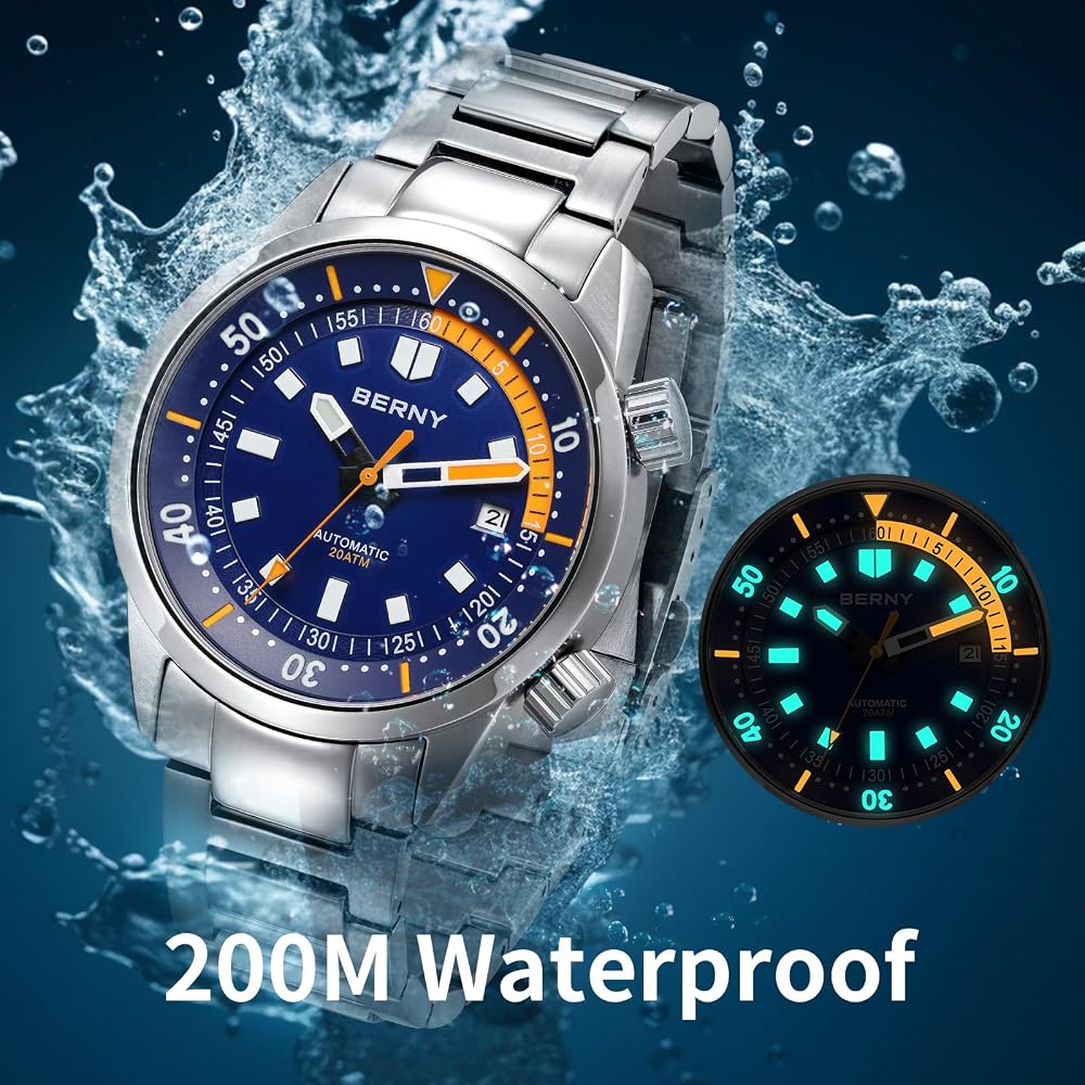 Berny Men's Diver Watch Automatic 20ATM Waterproof Sapphire Glass Super Luminous