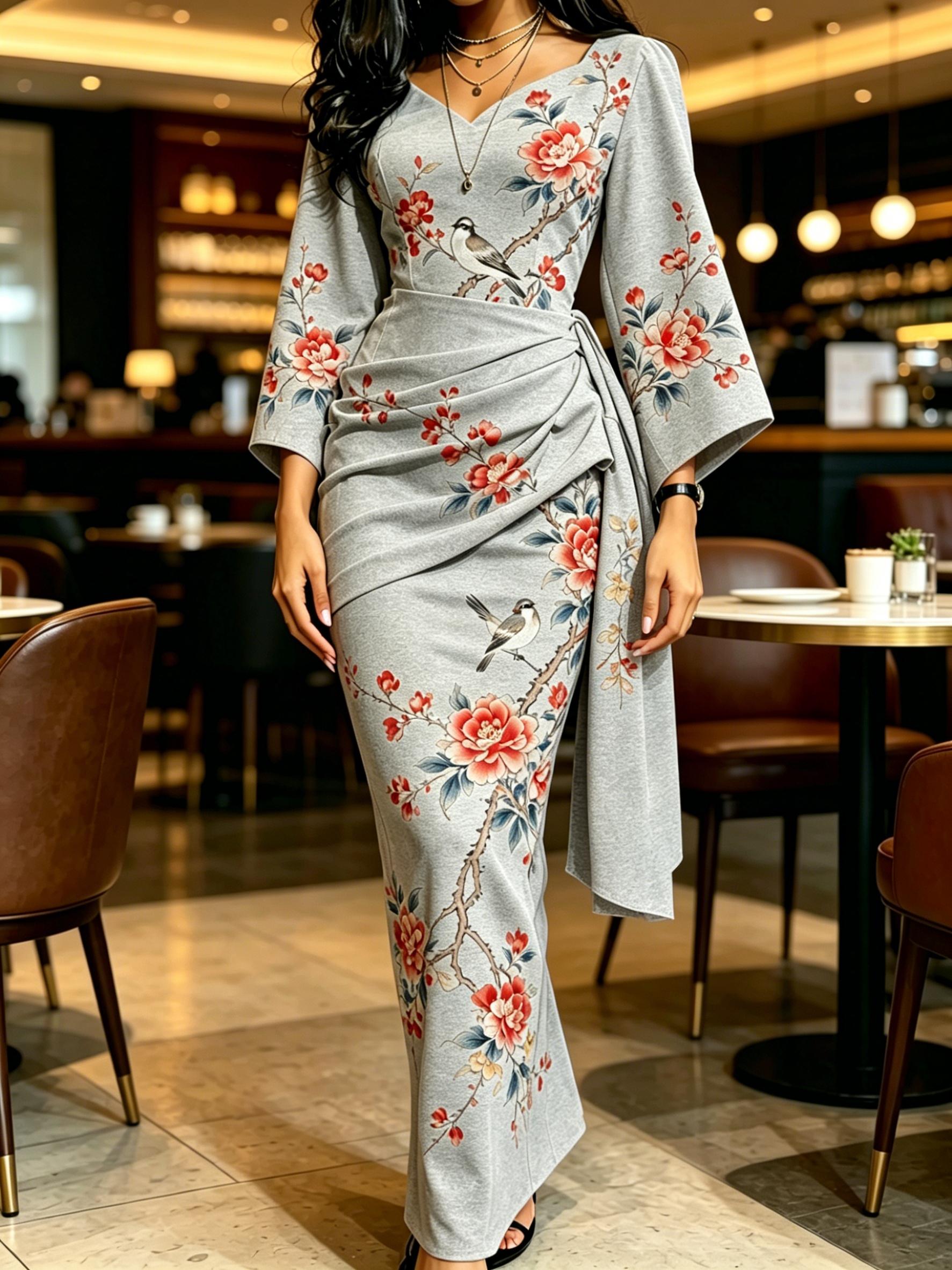 Women s Grey Floral And Bird Print Maxi Dress V Neck Wrap Waist Flare Sleeve Party Gown XS