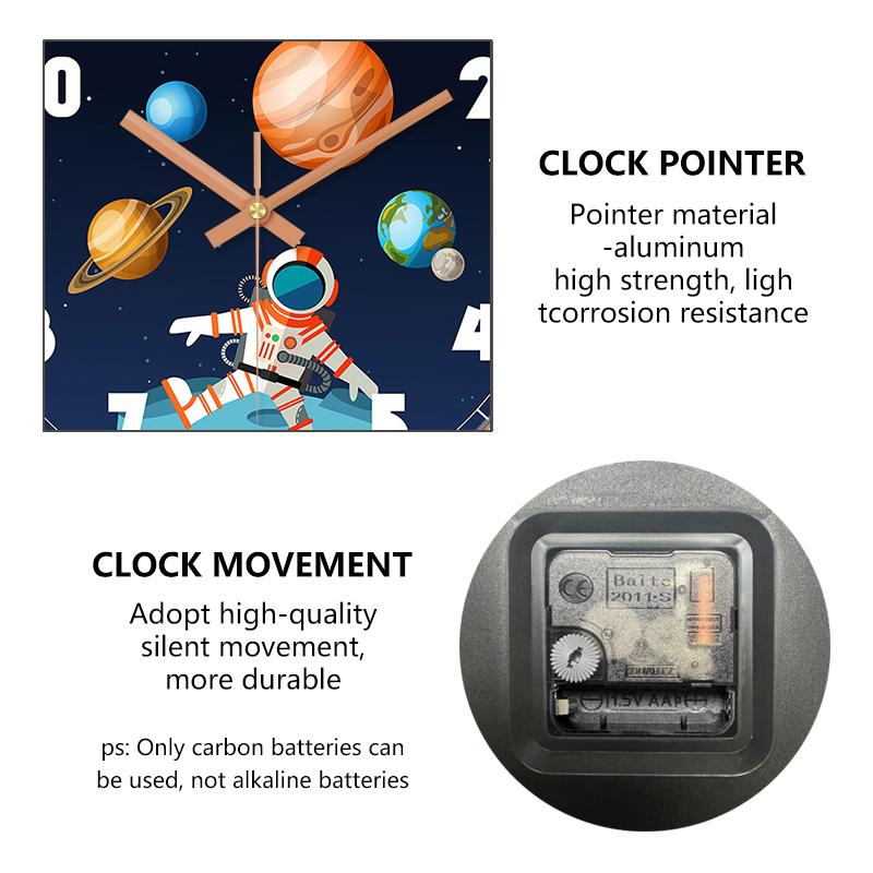 Silent Non-Ticking Wall Clock Astronaut Planets Design Rose Golden/Black Frame Clock for Boys Bedroom Nursery Classroom Decor