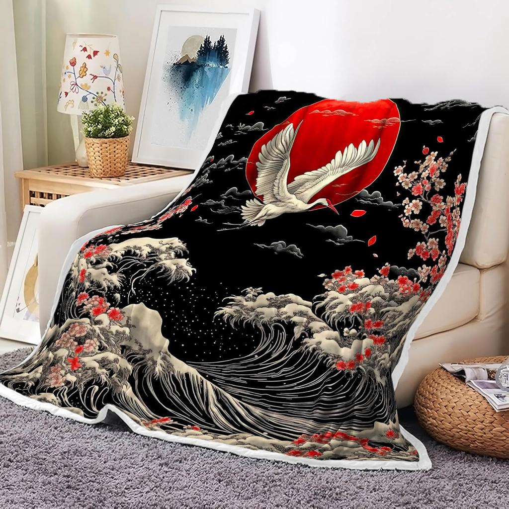 GUOYU Blanket Japanese Cherry Blossom Blanket Asian Japanese Wave Kanagawa Throw Flannel Blankets for Couch  Bed Asian Anime Mount Red Sun