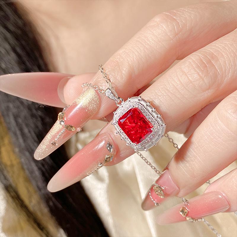 Clear Sky Vintage S925 Sterling Silver Ruby Pendant Necklace for Women - Elegant Evening Accessory