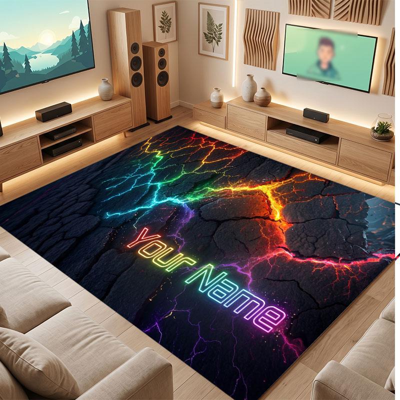 City Cyberpunk Theme Crystal Velvet Floor Rug Personalized Custom Name Text Warm Carpet Home Decoration