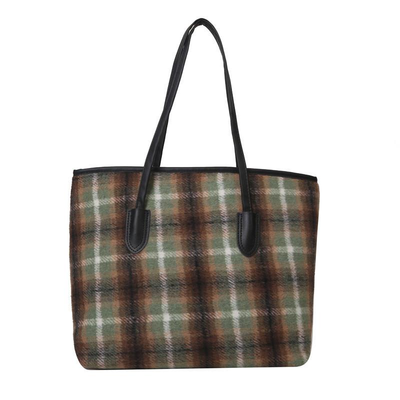 Trendy Large Plaid Tote Bag For Women Stylish Underarm Shoulder Bag With Zipper GreenBlack Plaid