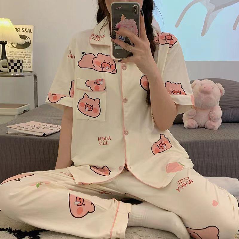 Pajamas Female Cute Sweet Piggy Cotton Short-Sleeved Trousers Casual And Comfortable Loungewear Two-Piece Set