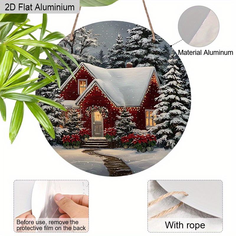 2D Flaches Aluminium-Weihnachtsschild mit Schneehäuschen-Muster - Warme Winter-Figuren-Ornamente - Ideal für Haustür, Wand, Veranda, Fensterdekoration - Ideal