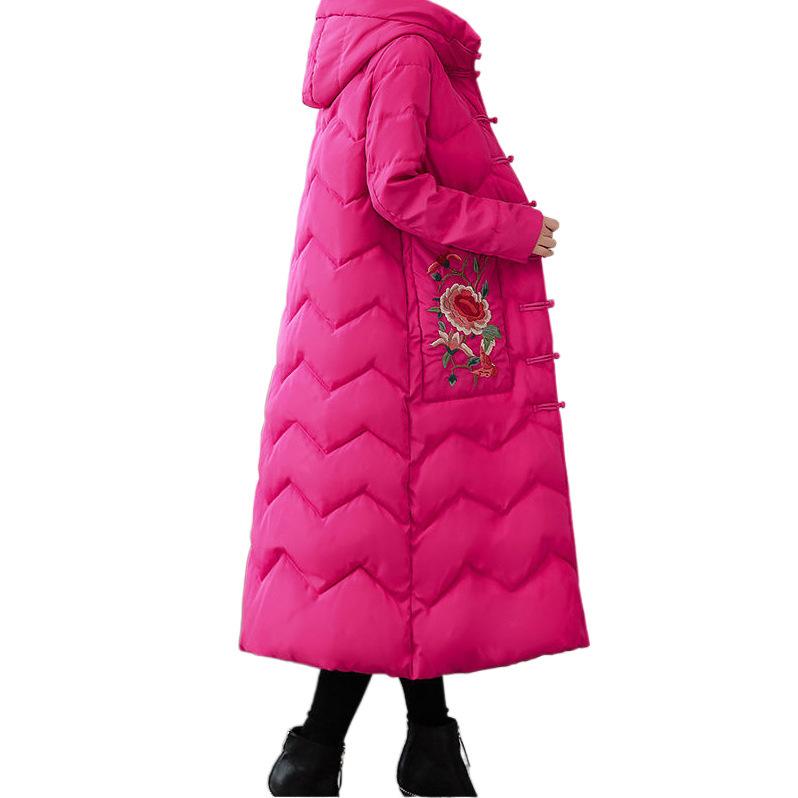 Mittellange und lange Baumwollgepolsterte Damenkleidung 2024 neue bestickte Kniepolsterjacken windgepolsterte Kleidung verdickte Winterkleidung schwarz