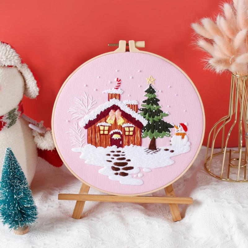 Christmas Pattern CrossStitch Kits Embroidery Starter DIY Kits with Embroidery Clothes Hoop Thread Needle for Beginner