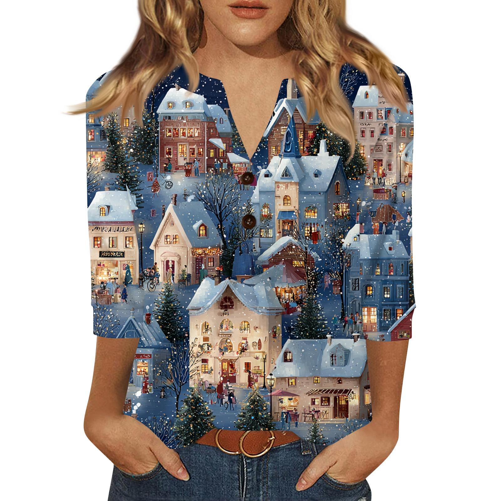 

Жен. Футболка С принтом Пуговицы Рукав 3/4 Повседневные Выходные Мода Классический Классический V-образный вырез Обычный Верх XL