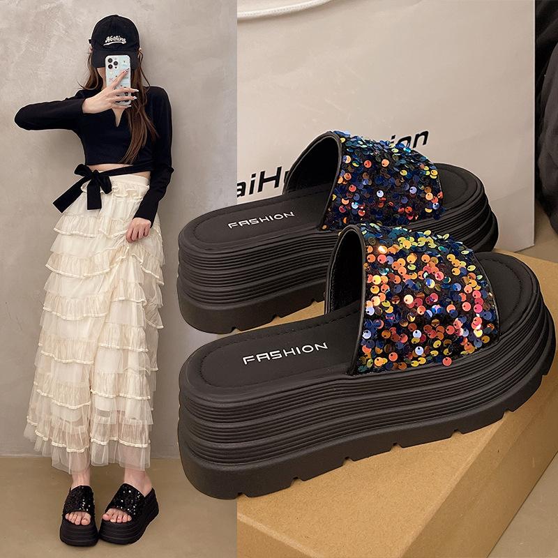 Thick-soled heightening slippers women's summer outer wear 2025 new versatile sequined one-word drag fairy sandals tide