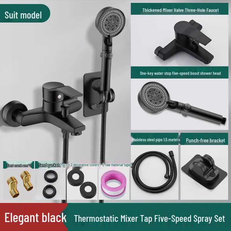 Elegant Black 3-Way Shower Faucet Set with 5-Function Spray