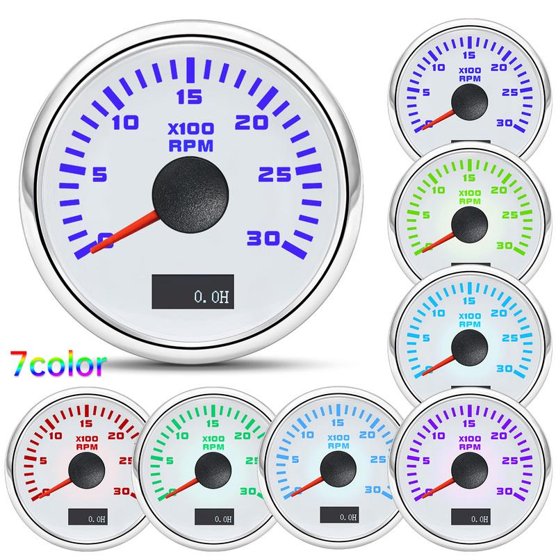 2" 52mm Tachometer 7 Color Light 3000,4000,6000,7000,8000 RPM Meter Hourmeter for Marine Boat Car 12V24V Waterproof IP67