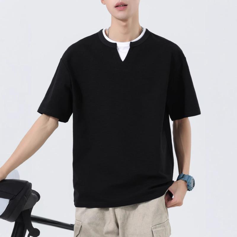 Men Fake Two Piece Notch Neck T Shirt Short Sleeve Loose Casual Textured Minimal Daily Summer Street Top
