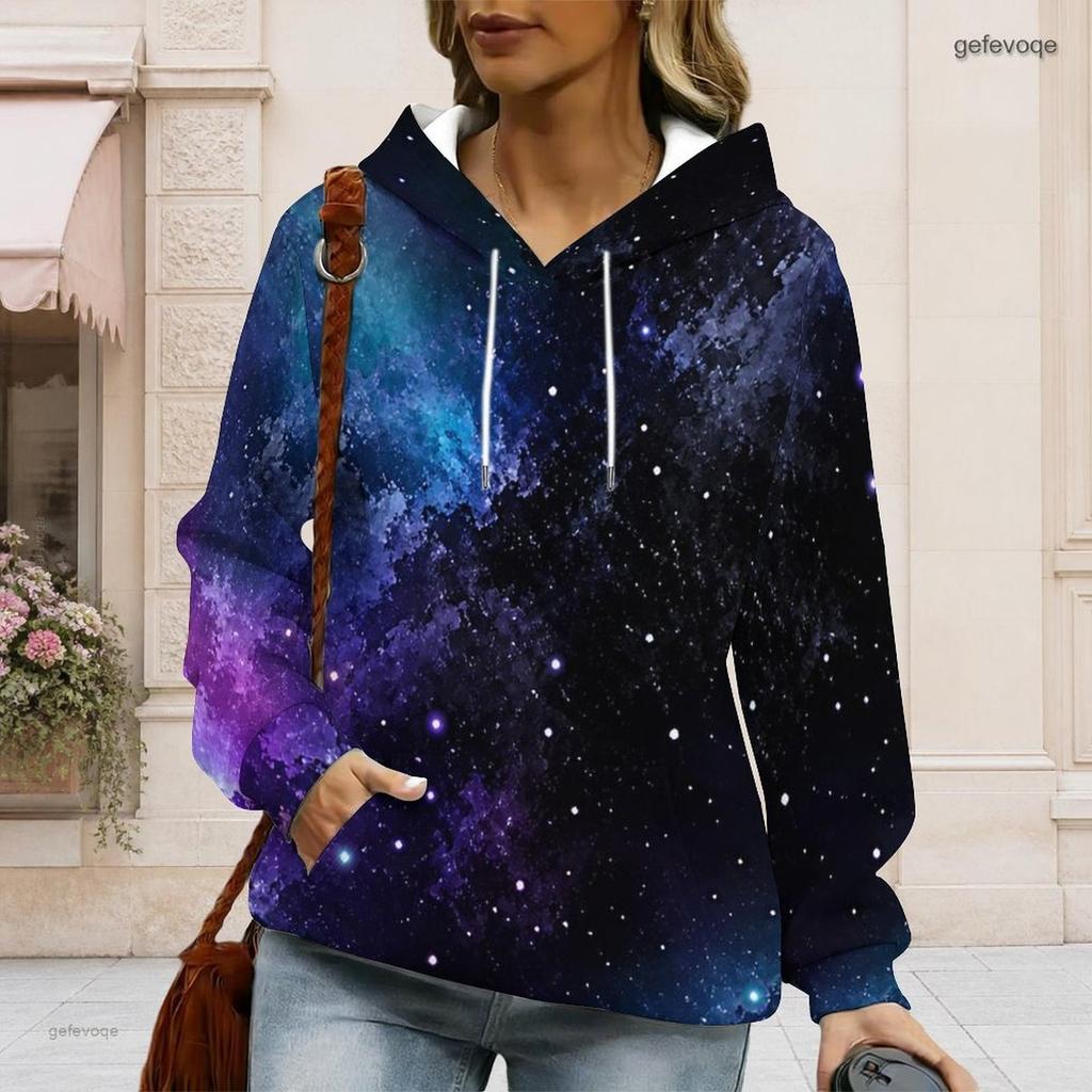 Women Long Sleeve Drawstring Hood Kangaroo Pocket Pullover Printed Hoodie