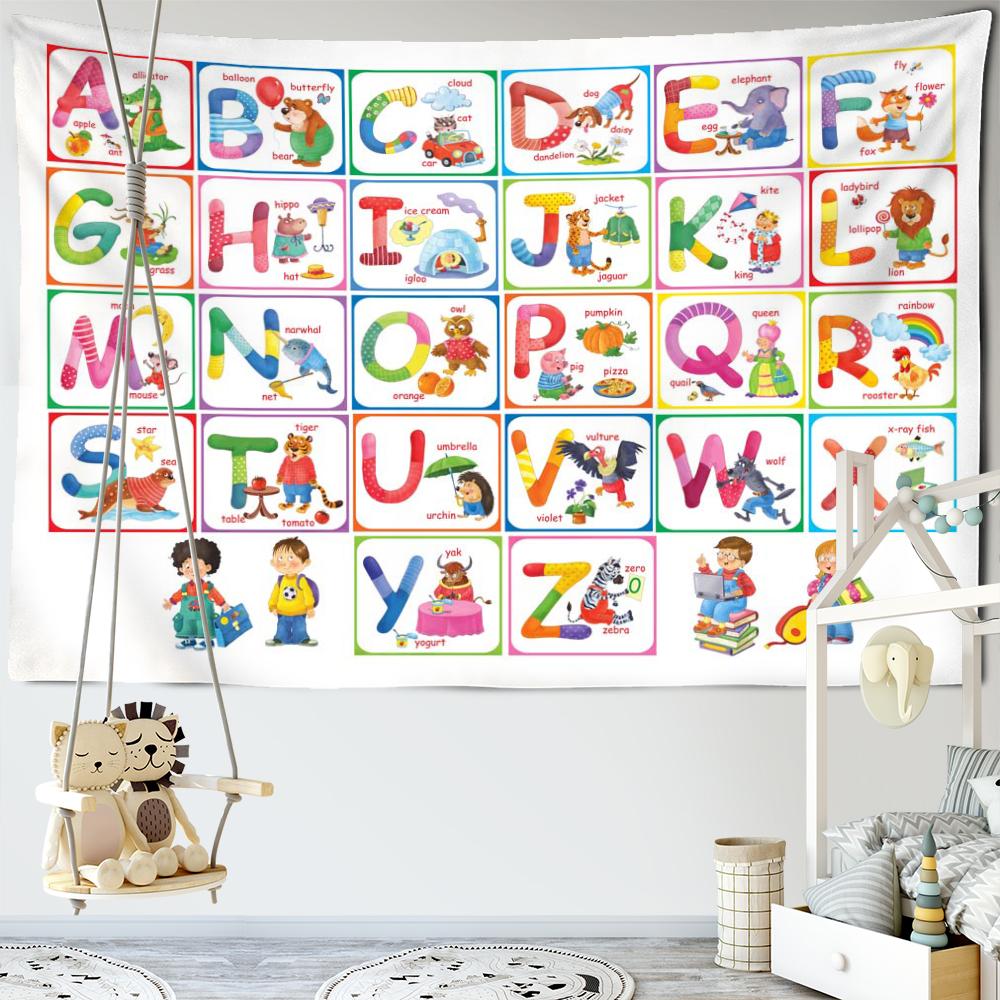 

Гобелен с мультяшным алфавитом, настенный гобелен, каваи, животное, хиппи, минималистичный художественный богемный тапиз, детская комната, домашний декор 150x130CM