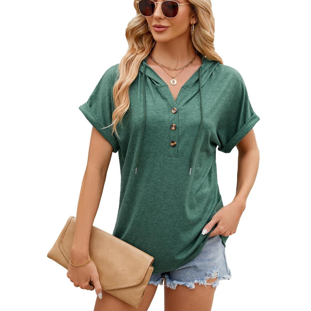 2026 Solid Color Hooded Button Loose Women's Short Sleeved T-shirt Top